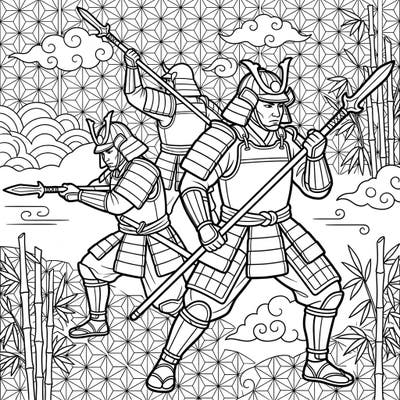 Step back in time with this captivating coloring page featuring powerful Yari Spearsmen, legendary samurai warriors wielding their formidable spears. Designed with seniors in mind, its clear, bold lines invite a relaxing and engaging coloring experience.