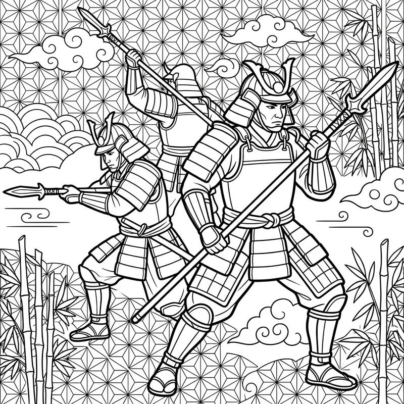 Step back in time with this captivating coloring page featuring powerful Yari Spearsmen, legendary samurai warriors wielding their formidable spears. Designed with seniors in mind, its clear, bold lines invite a relaxing and engaging coloring experience.