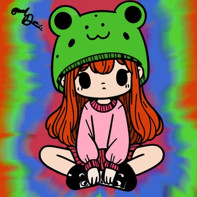 a girl wearing a frog hat and some frog socks
