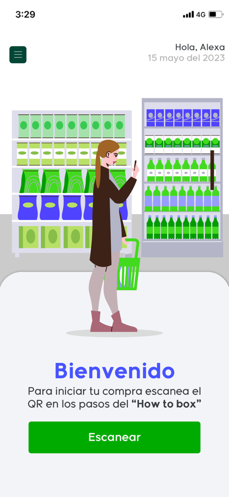 SuperEasy Box - Welcome screen of the SuperEasy Box app showing an illustration of a shopper and a scan button