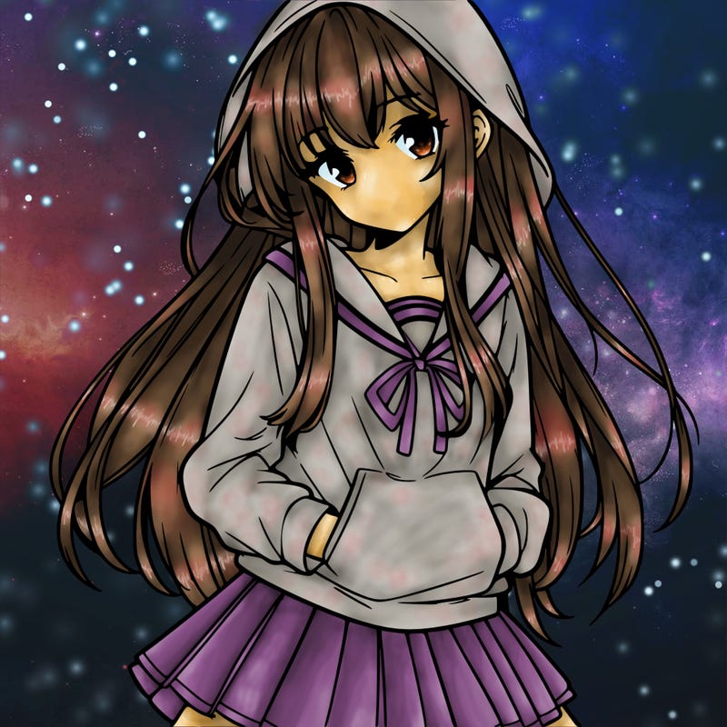 anime woman with long hair and bangs wearing hoodie and skirt
