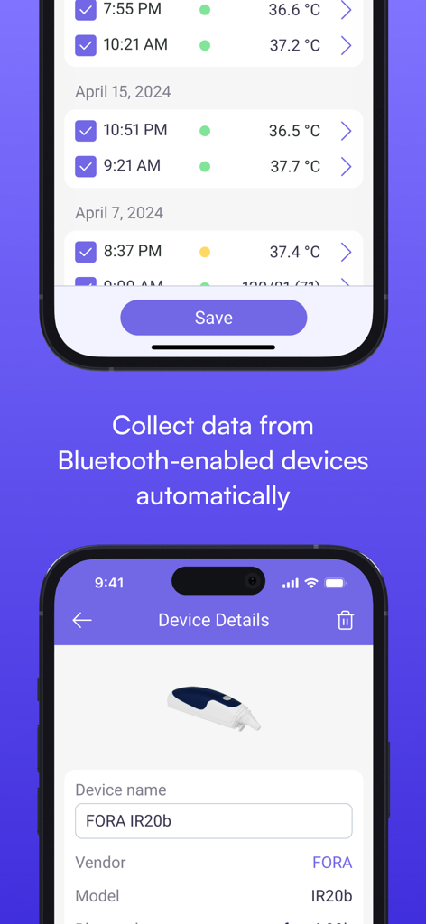Interface of the Body Temperature Tracking App showing historical temperature logs and a connected Bluetooth thermometer