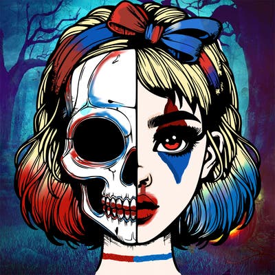 realistic girl with half skull mask