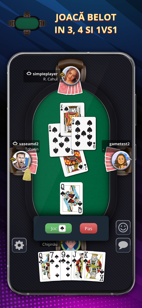 Belot.md - Moldova Belot - Bildschirmansicht eines Mehrspieler-Kartenspiels von Belot mit Avataren und Karten auf einem grünen Tisch