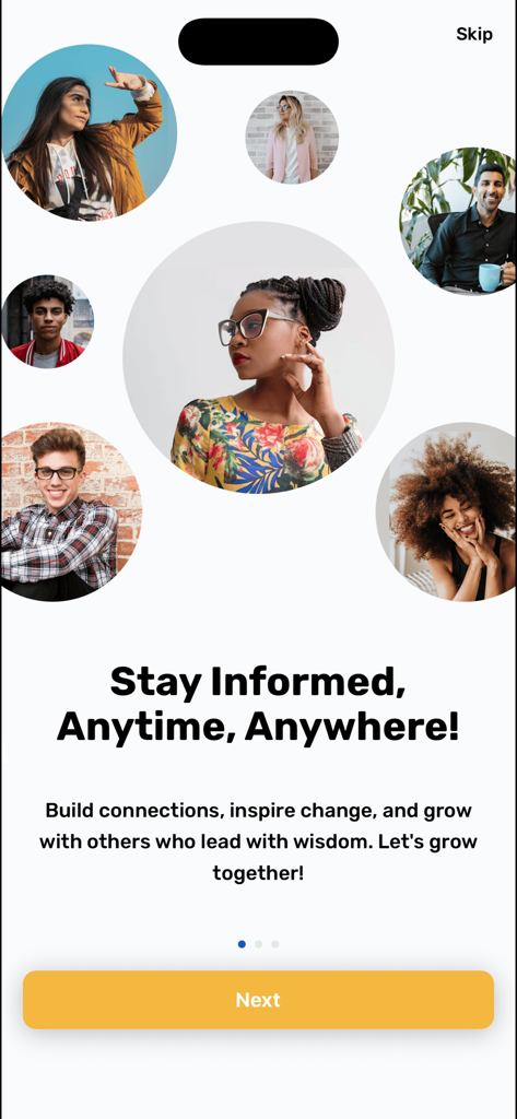 OWL Platform - Tela de integração da Plataforma OWL apresentando uma comunidade de jovens profissionais e o título Mantenha-se Informado a Qualquer Hora em Qualquer Lugar.