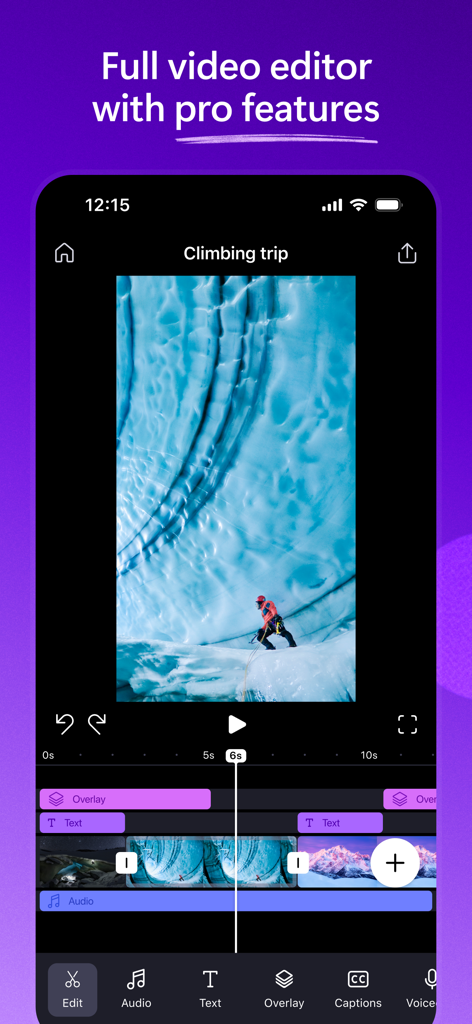 Microsoft Clipchamp mobile video editor showing timeline layers for text audio and video clips