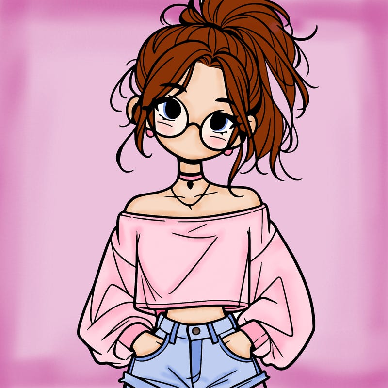 girl with a messy ponytail glasses a baggy crop top and jean shorts