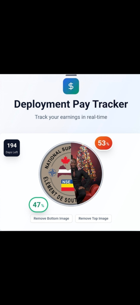 Deployment Pay Tracker mobile app dashboard showing a countdown of 194 days left and progress tracking percentages
