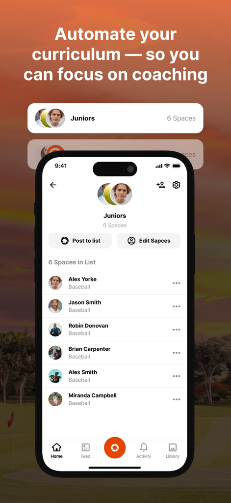 CoachNow: Sports Coaching App - CoachNow mobile app interface showing a list of baseball athletes and curriculum automation options.