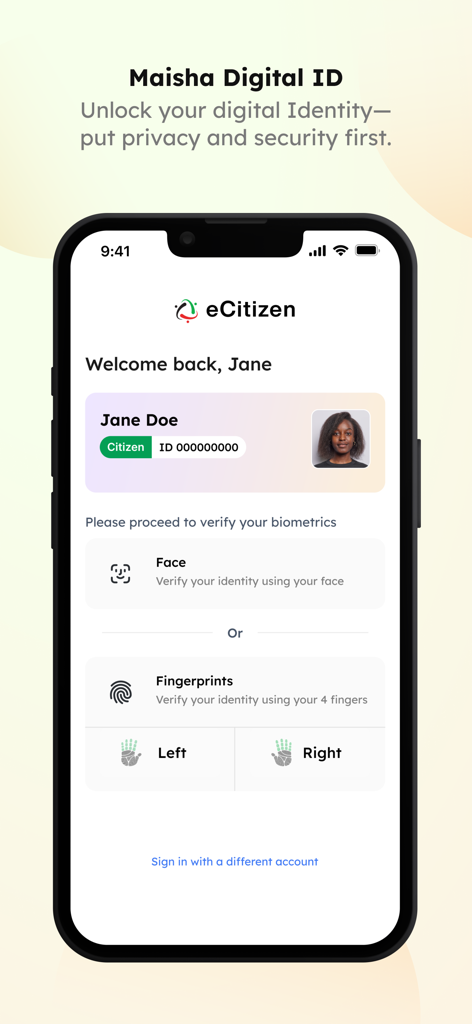 eCitizen Gava Mkononi - A mobile interface for the eCitizen Gava Mkononi app showing the Maisha Digital ID profile for Jane Doe with biometric verification options for face and fingerprints