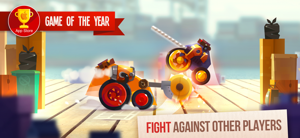 Dos robots de batalla personalizados luchando en una arena de muelle en CATS Crash Arena Turbo Stars