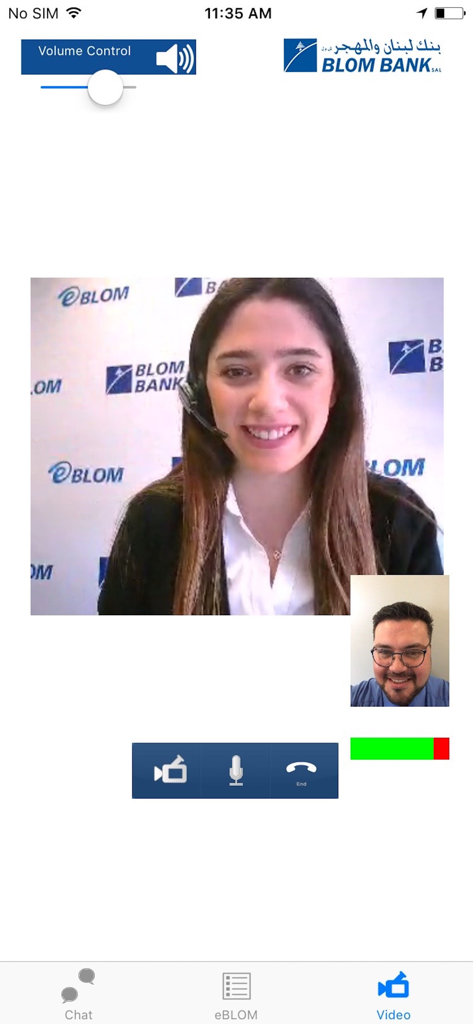 eBLOM Mobile - A video call screen within the eBLOM Mobile app showing a customer service representative and a user