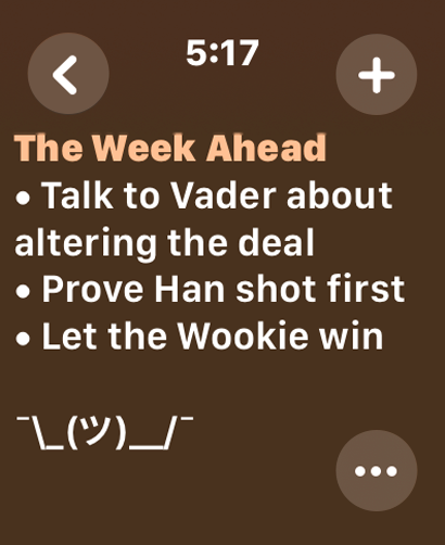 Tot Mini app interface on Apple Watch displaying a simple text note with bullet points
