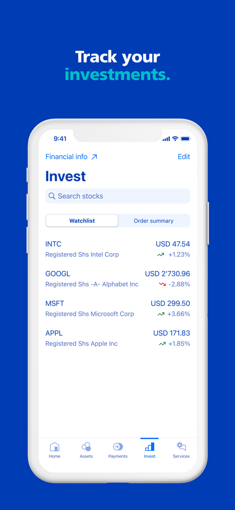 ZKB Mobile Banking App zeigt eine Aktien-Watchlist mit Echtzeit-Kursverfolgung für Tech-Aktien
