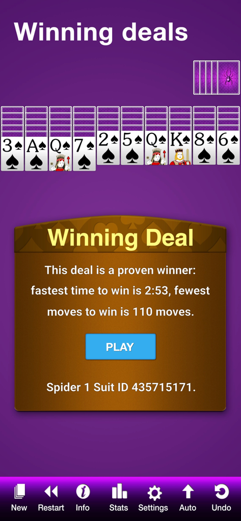 Spider Solitaire ‏‎ - Spider Solitaireゲーム画面、クリアできるディール通知ポップアップを表示