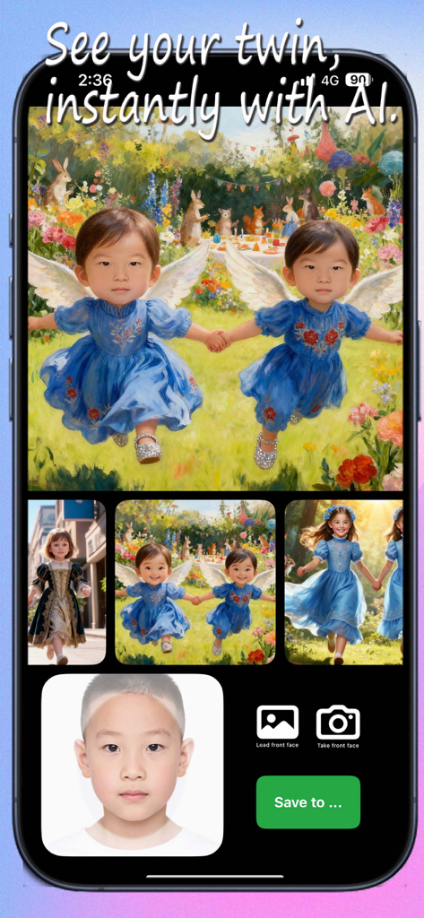 AI Twins Camera app interface showing AI-generated twin photos of children in a whimsical forest setting