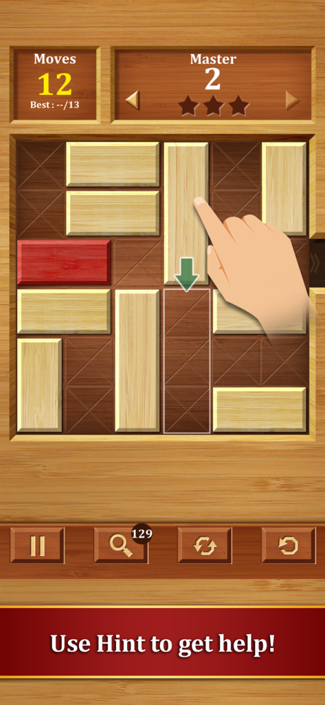 Move the Block : Slide Puzzle - A hand sliding a vertical wooden block downwards in the Move the Block puzzle game to clear a path for the red block.