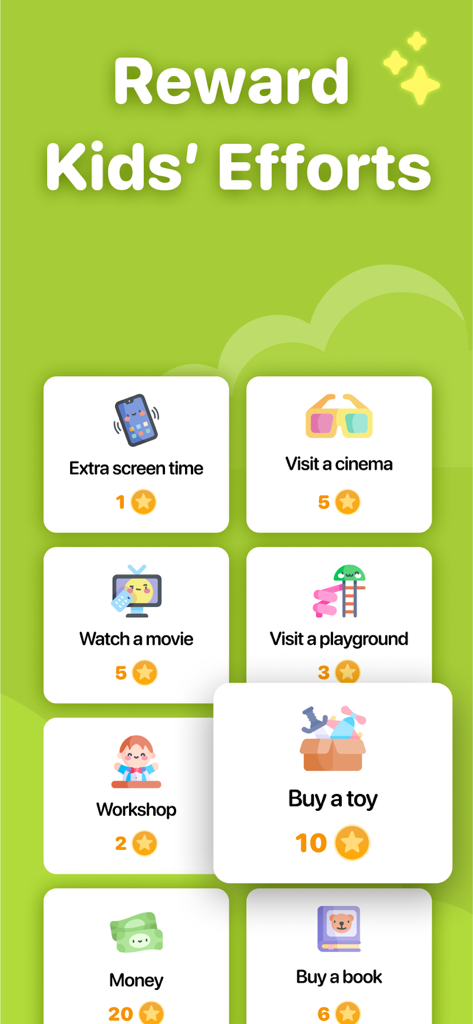 Neat Kid: Daily Kids Chore App - Reward chart screen showing different prizes kids can earn with star points in the Neat Kid app
