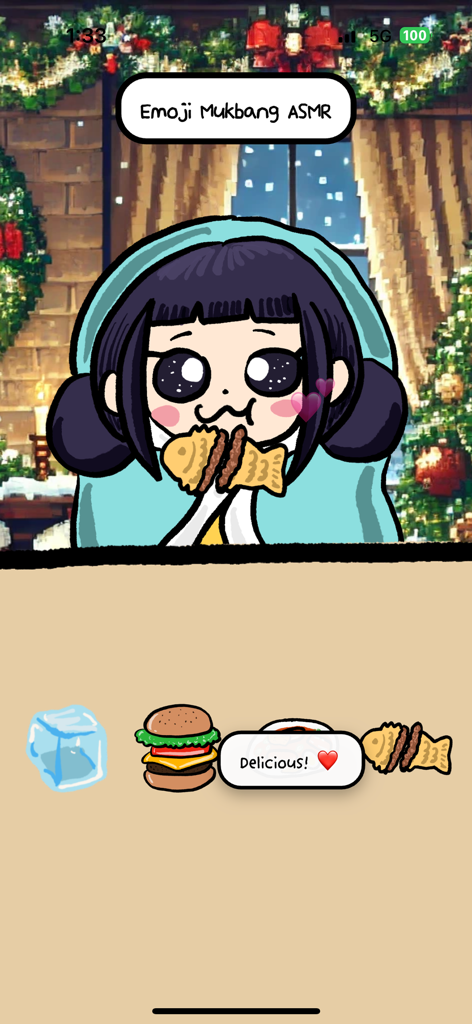 Una linda chica de dibujos animados comiendo un pastelito con forma de pez en una habitación festiva del juego MunchPop ASMR