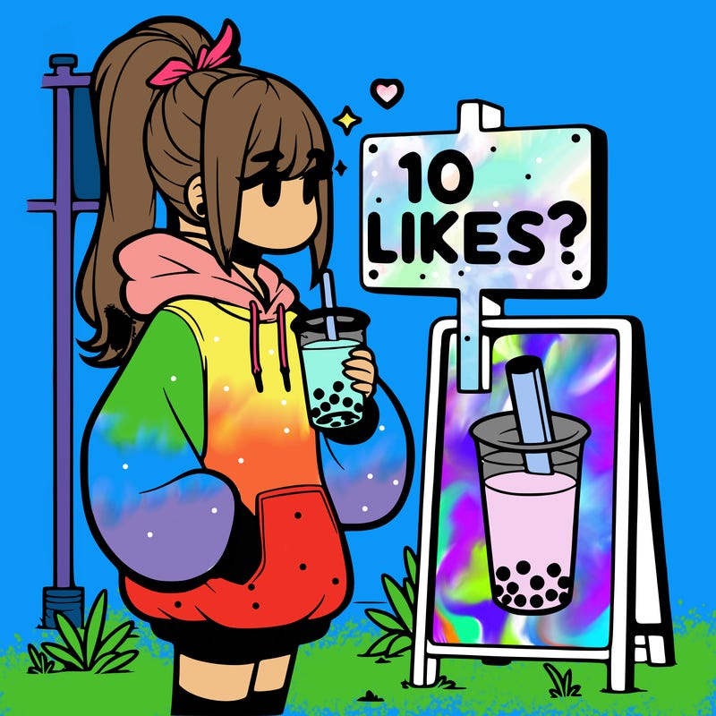 girl with oversized hoodie drinking boba and she has a high ponytail with a sign that says 10likes?