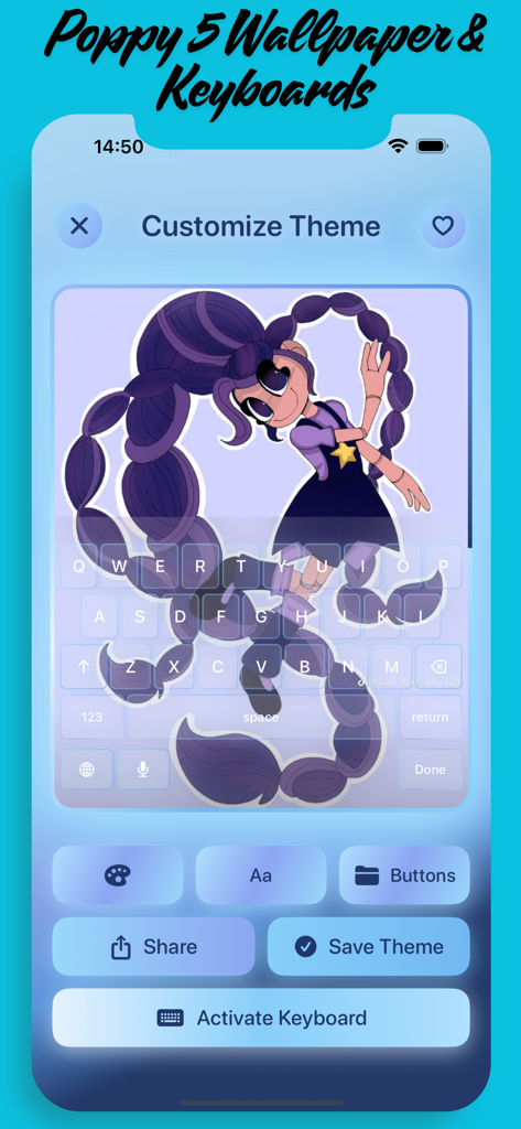 Una interfaz de aplicación móvil que muestra un tema de teclado personalizado con un personaje de cabello morado y trenzas grandes para fans de Poppy 5.