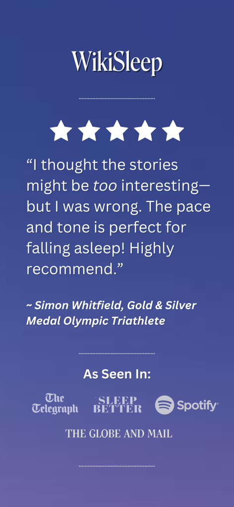 WikiSleep: Bedtime Stories - WikiSleep app review from Olympic athlete Simon Whitfield and media logos including Spotify and The Telegraph