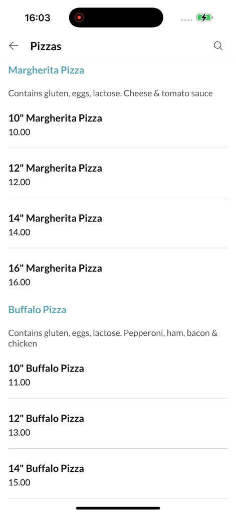 Pizza World. - Una lista de pizzas Margherita y Buffalo con tamaños y precios en la aplicación móvil Pizza World