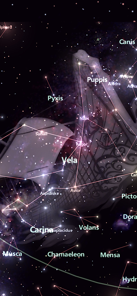 Live AR view of the night sky showing Vela and Carina constellations with artwork