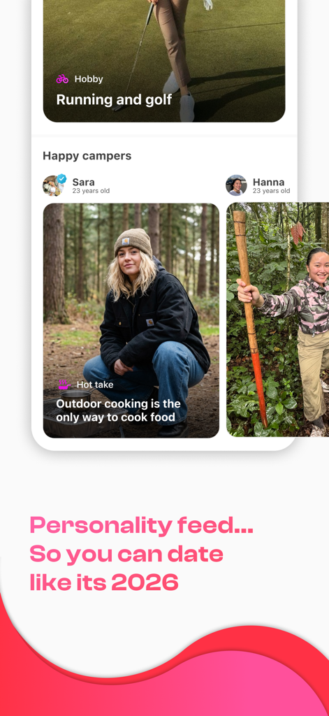 A screenshot of the Smitten dating app interface showing the personality feed with user profiles, hobbies, and hot takes