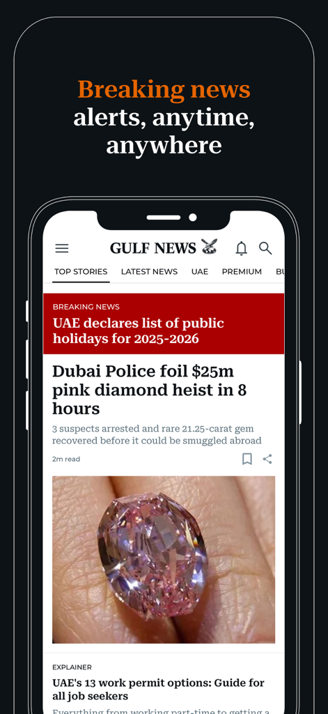 Gulf News - Latest UAE News - L'interface de l'application Gulf News affiche les alertes d'actualité et les titres des Émirats arabes unis.