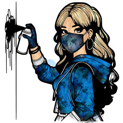 realistic girl with mask spray painting a wall