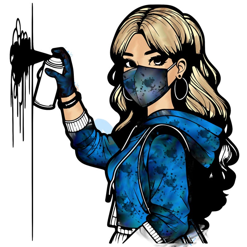 realistic girl with mask spray painting a wall
