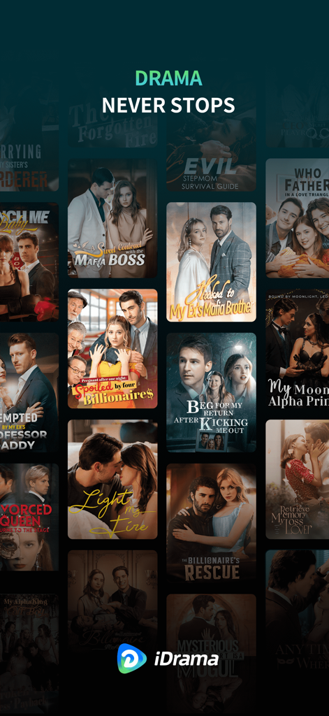 A collection of short-form drama posters on the iDrama app featuring romance and billionaire themes