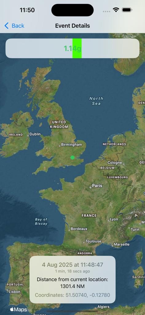 Ride Reporter (Turbulence) - Pantalla de la aplicación Ride Reporter que muestra los detalles de un evento de turbulencia de 1.14g y su ubicación en un mapa de Europa