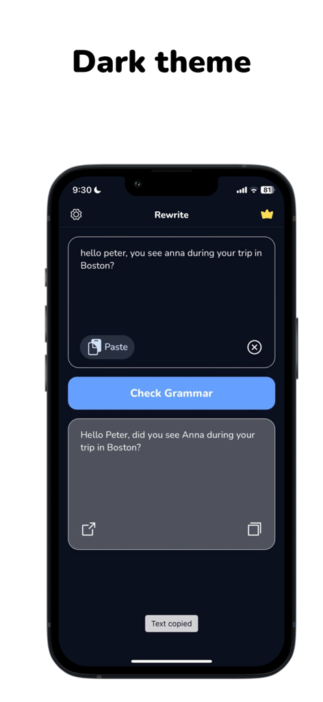 Rewrite: Sentence Corrector - Teléfono inteligente mostrando la aplicación Rewrite en modo oscuro con un ejemplo de corrección gramatical