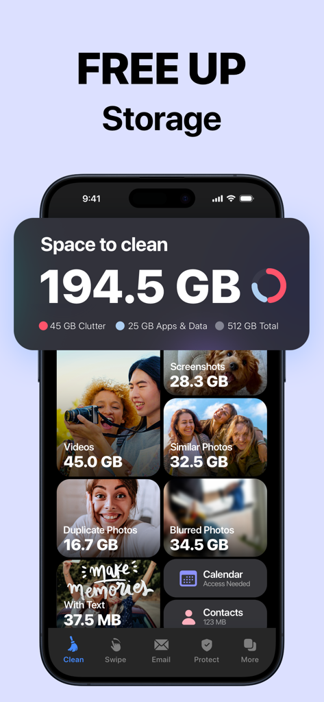 Cleaner Kit app dashboard displaying storage used by videos screenshots and duplicate photos on an iPhone