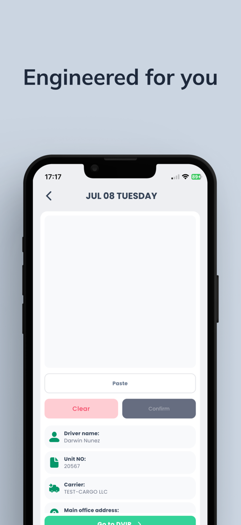 Quantum Logbook ELD app interface showing a truck driver daily log signature screen with carrier and unit details