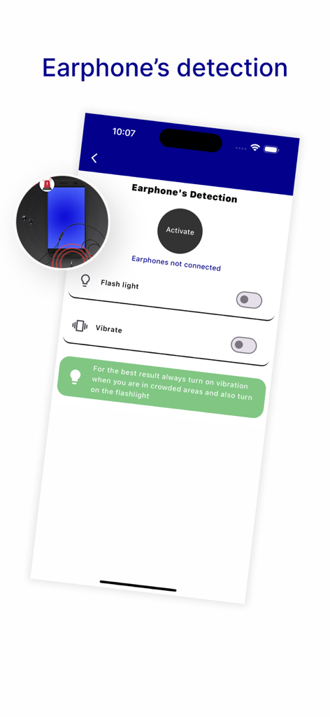 Anti Theft Alarm: Don't touch - User interface of the Anti Theft Alarm app showing the earphone detection security feature with an activation button and settings for flashlight and vibration.