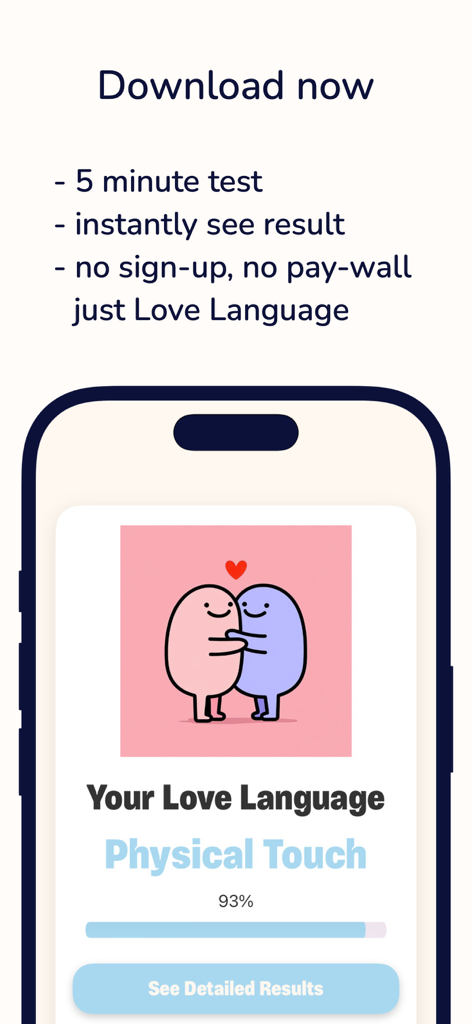 Pantalla móvil que muestra los resultados del test de lenguajes del amor para el contacto físico con una puntuación del 93 por ciento y una linda ilustración de abrazo