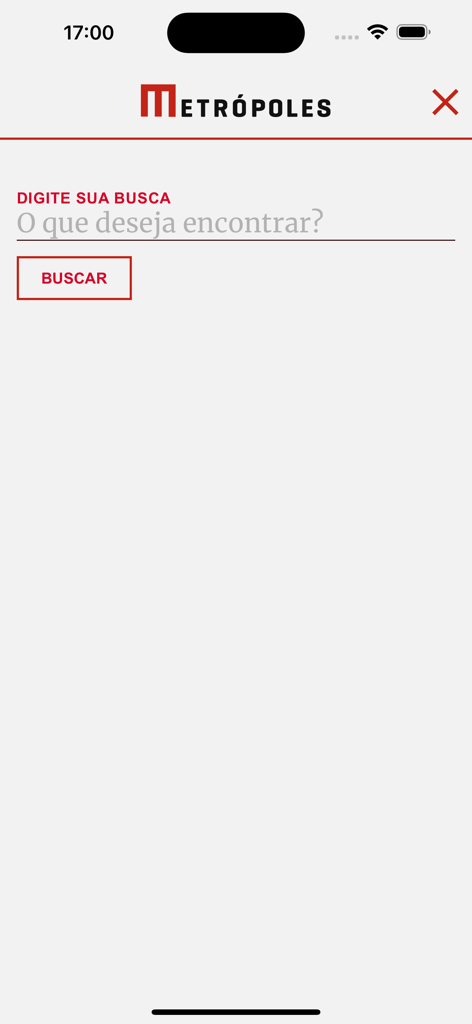 Search screen of the Metropoles news app featuring a search bar and a search button in Portuguese.