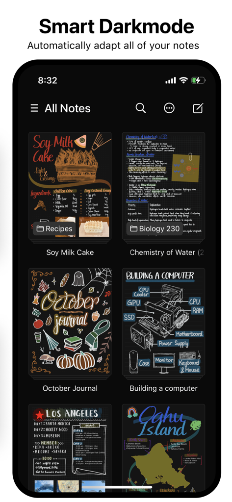 Element Note - Screenshot of Element Note app in dark mode displaying a library of handwritten notes and journals