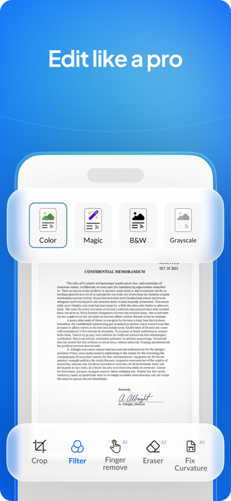 Mobile interface of Scan.Plus showing professional AI editing tools like finger removal and curvature fixing for scanned documents.