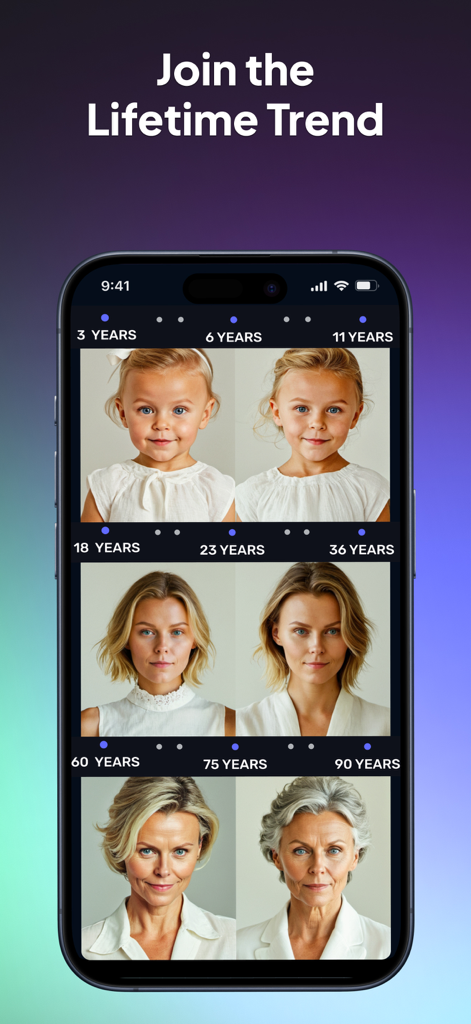 AI Photo Generator: FaceOff - Generador de envejecimiento IA que muestra la transformación de la infancia a la vejez.