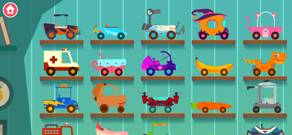 A collection of imaginative toy cars on wooden shelves for toddlers to choose from