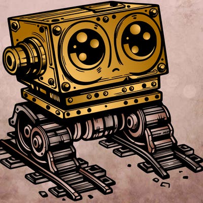a scrap metal robot that has sort of rails as feet to move around, with big eyes, cute