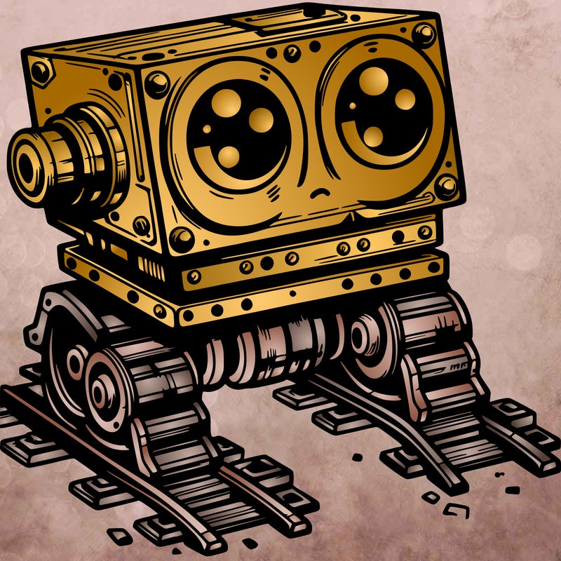 a scrap metal robot that has sort of rails as feet to move around, with big eyes, cute
