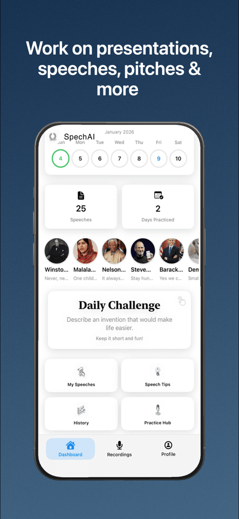 Speaking Coach -  SpechAI - Panel de control de la aplicación móvil SpechAI que muestra estadísticas de voz, desafíos diarios y perfiles de oradores famosos