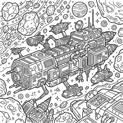 Journey to the stars with this captivating full-scene coloring page featuring a powerful space mining barge. Uncover a universe of detail as you bring this futuristic cosmic adventure to life with your favorite colors.