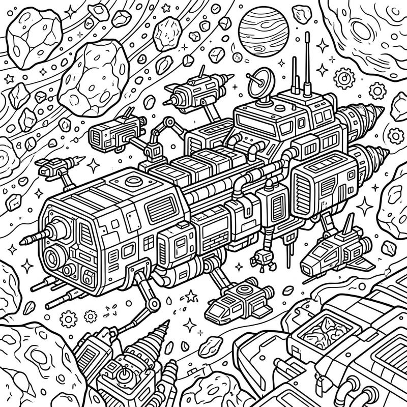 Journey to the stars with this captivating full-scene coloring page featuring a powerful space mining barge. Uncover a universe of detail as you bring this futuristic cosmic adventure to life with your favorite colors.