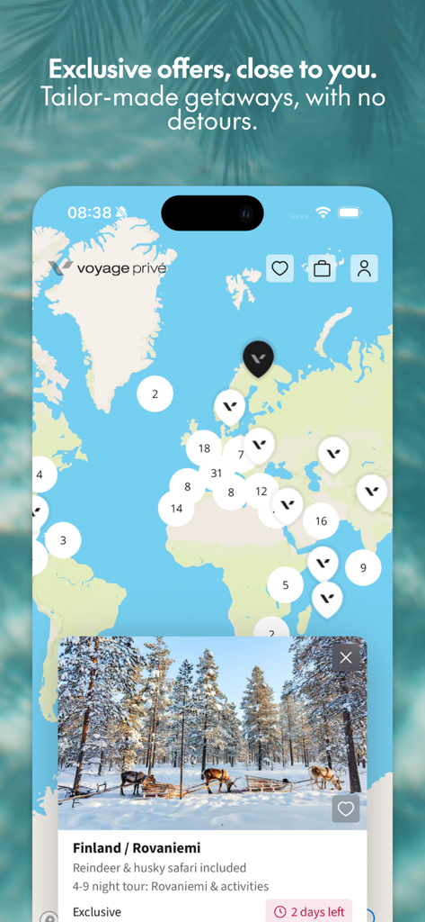L'application mobile Voyage Privé affiche une carte du monde avec des offres de vacances exclusives et un voyage en vedette en Finlande.